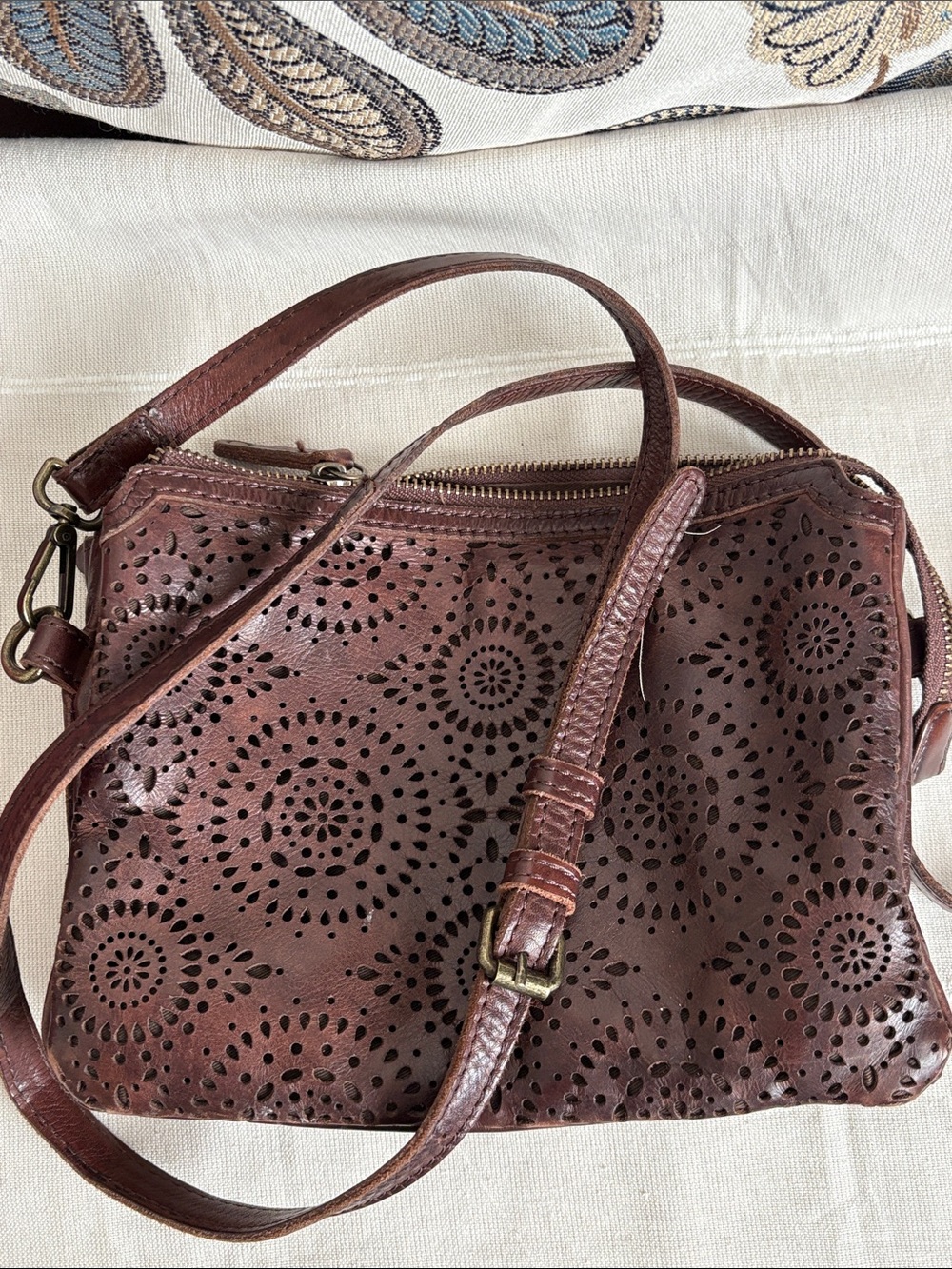 Leather Crossbody Bag purse Brown Laser-Cut medallion broken zipper India